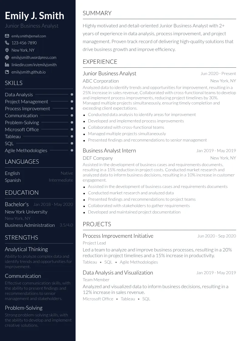 Junior Business Analyst resume example