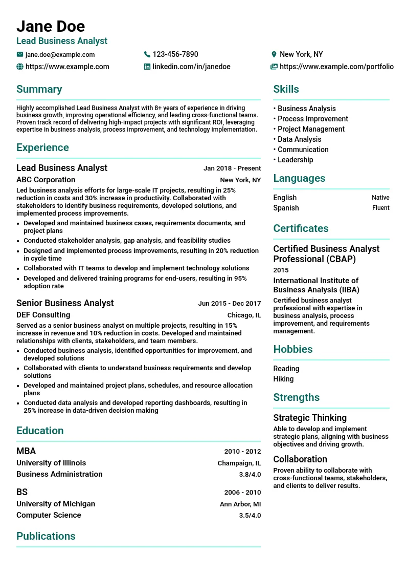 Lead Business Analyst resume example