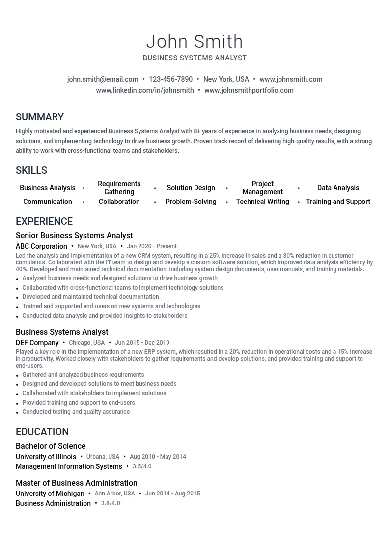 Business Systems Analyst resume example