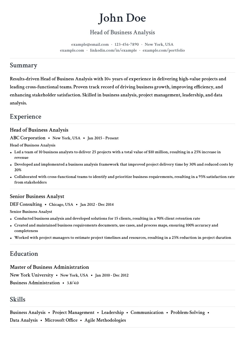 Head of Business Analysis resume example