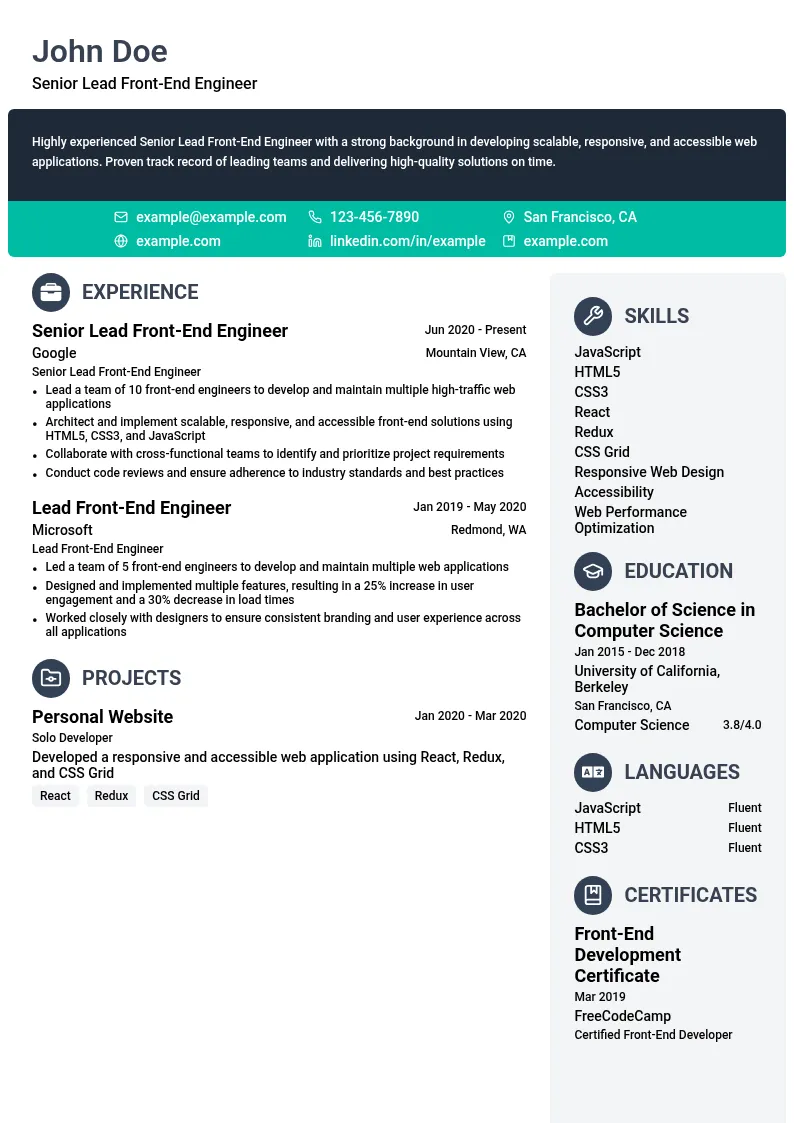Senior Lead Front-End Engineer resume example
