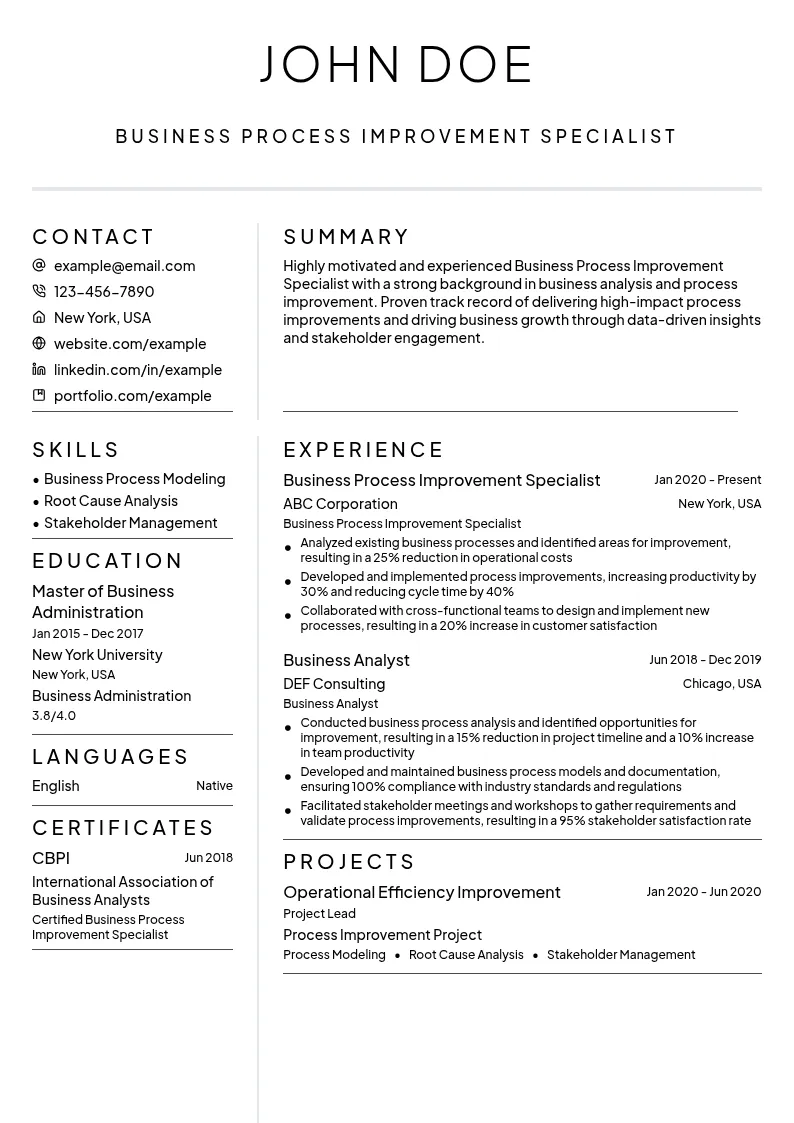 Business Process Improvement Specialist resume example