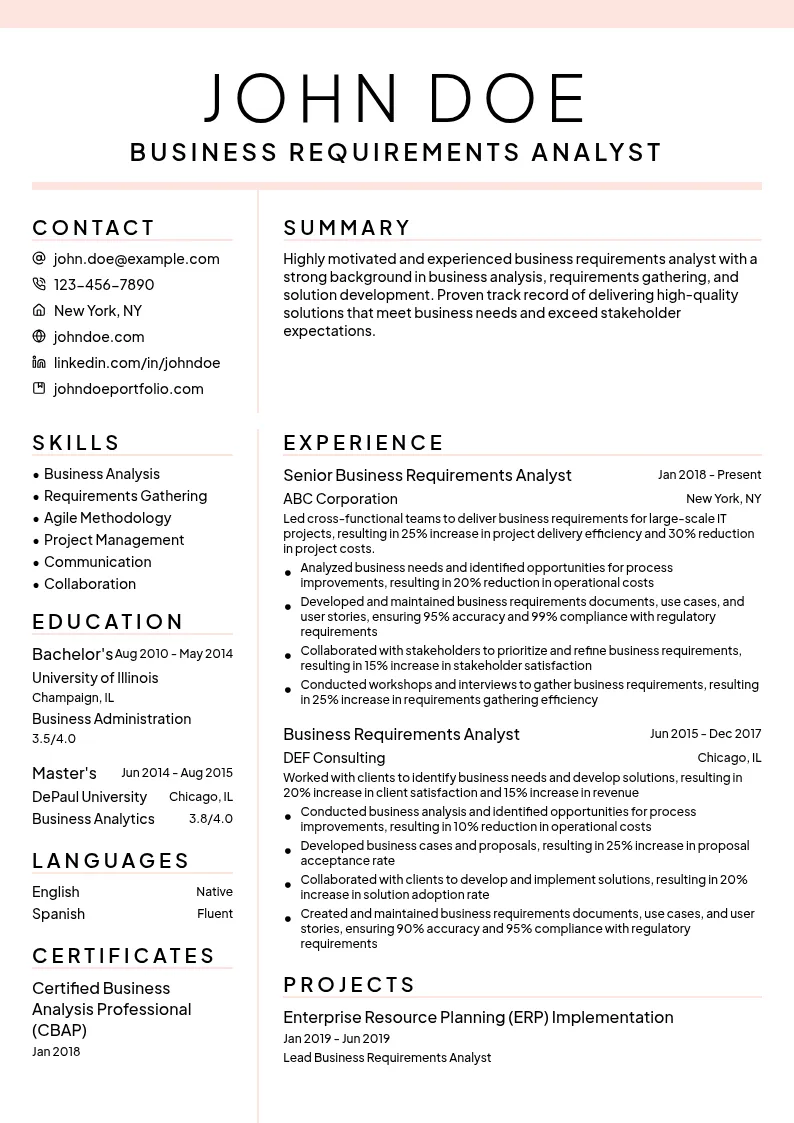 Business Requirements Analyst resume example