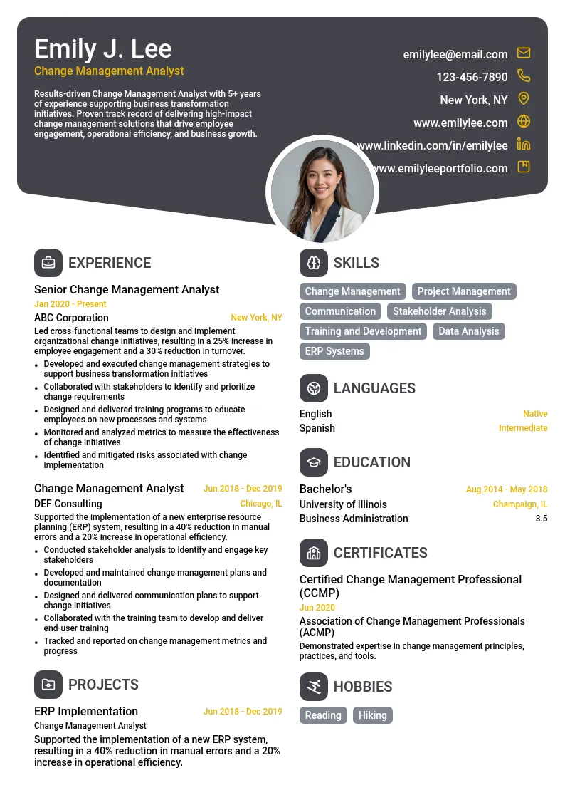 Change Management Analyst resume example