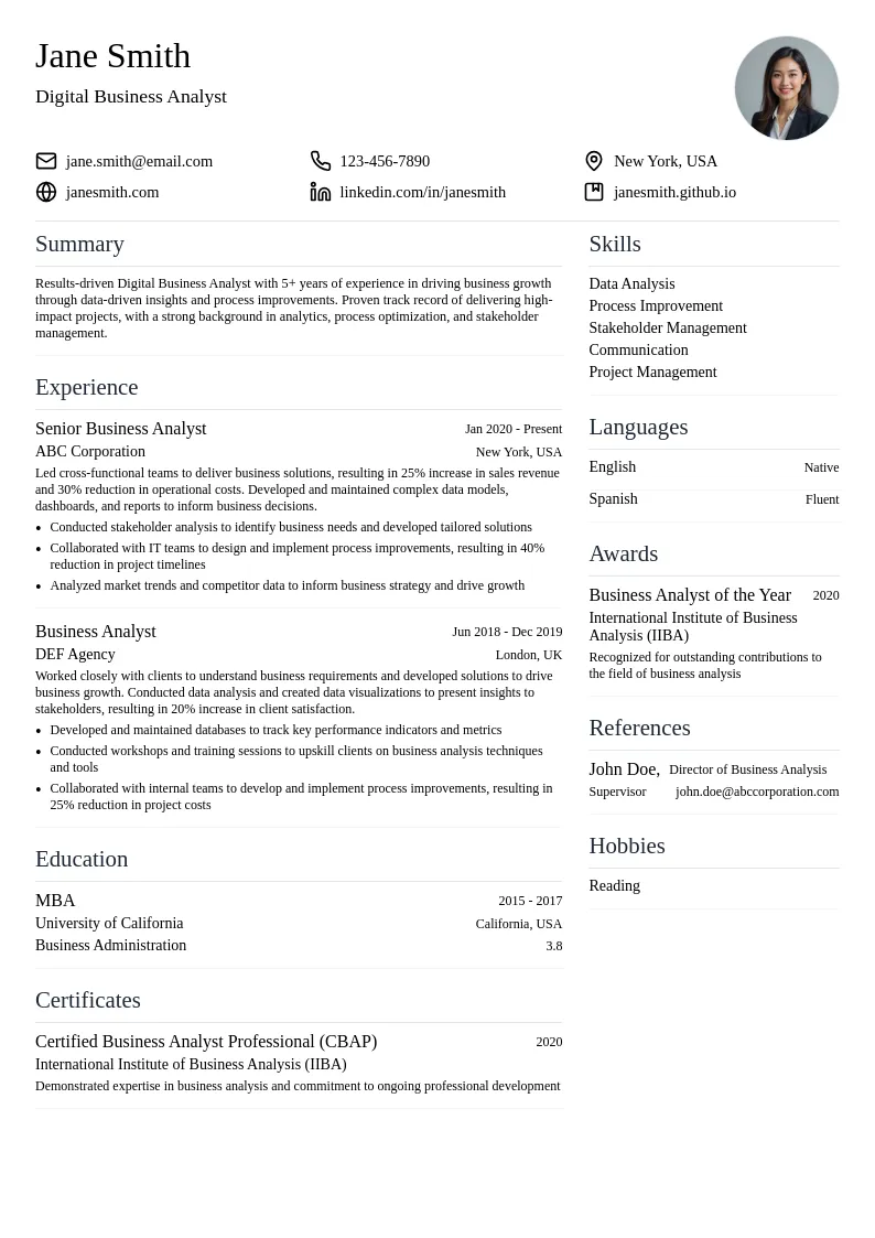 Digital Business Analyst resume example