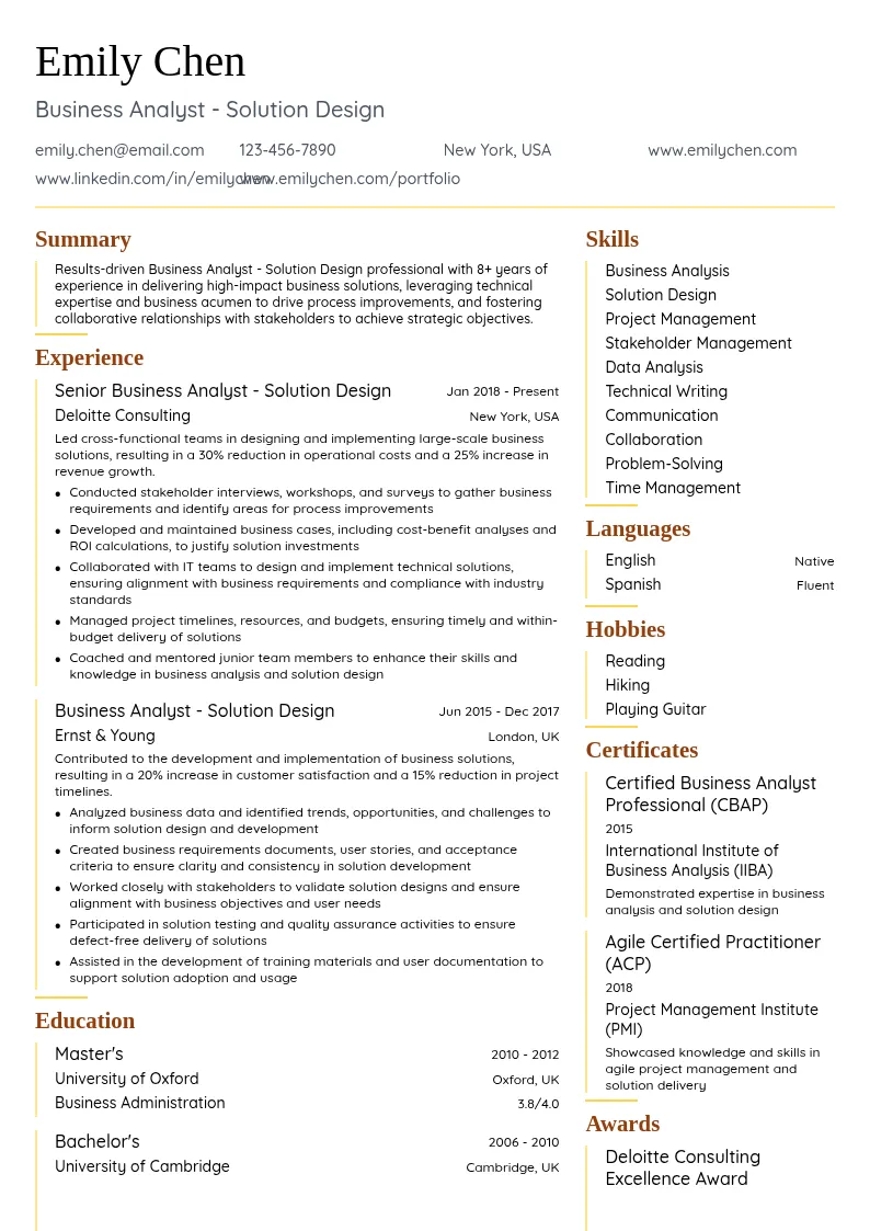 Business Analyst - Solution Design resume example