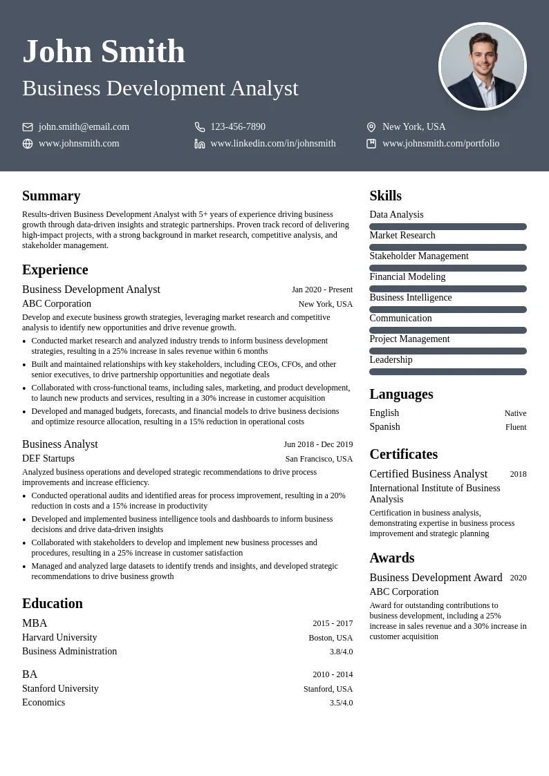 Business Development Analyst resume example