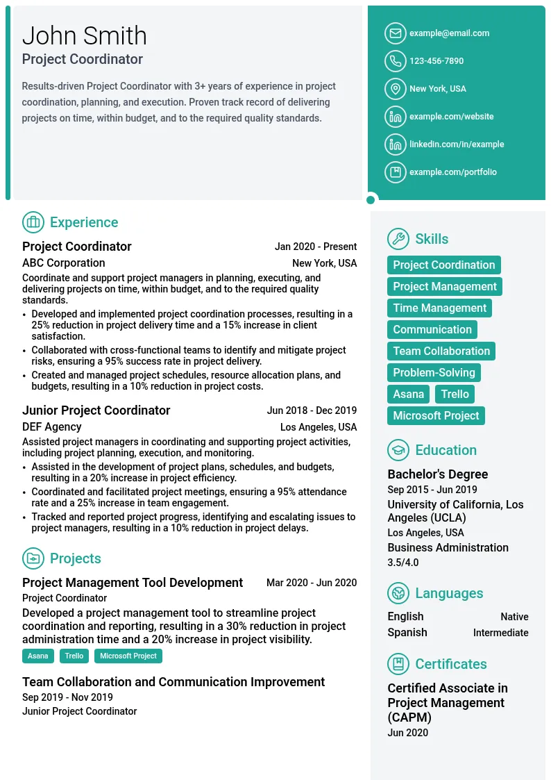 Project Coordinator resume example