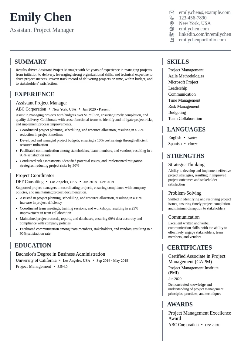 Assistant Project Manager resume example