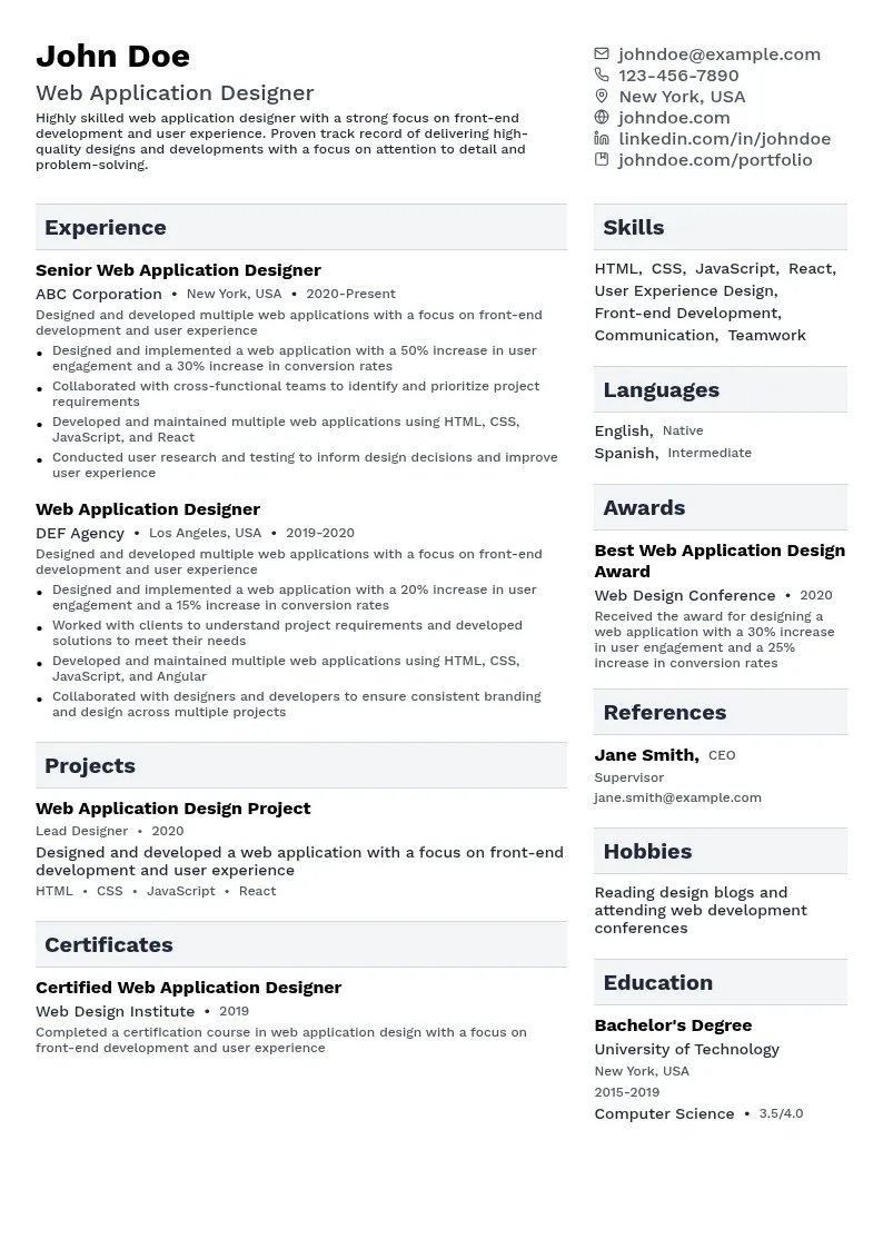 Web Application Designer resume example