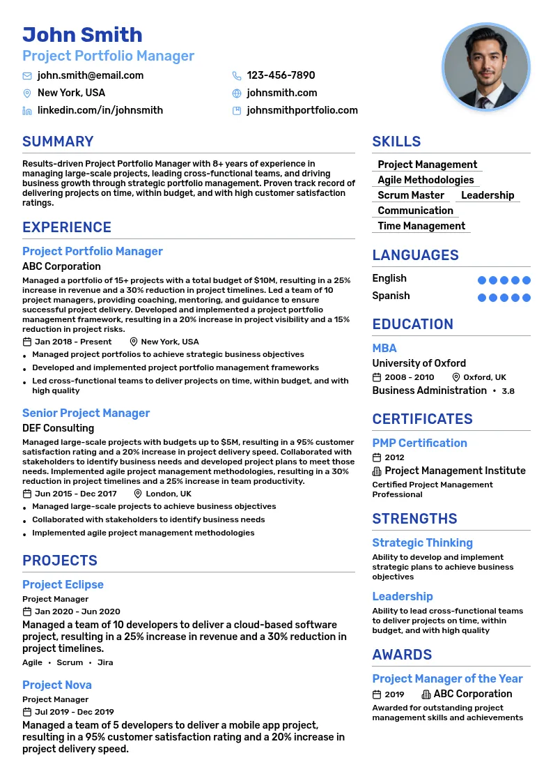 Project Portfolio Manager resume example