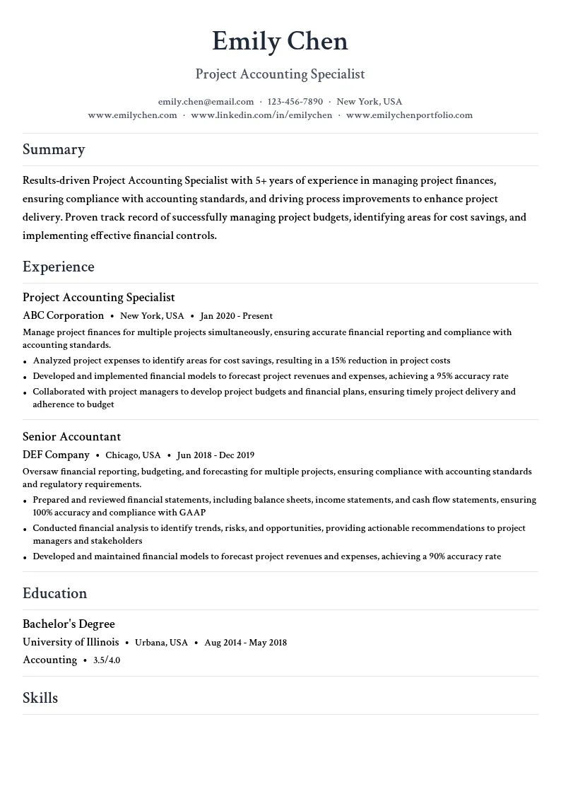 Project Accounting Specialist resume example