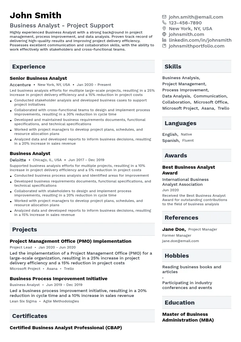 Business Analyst - Project Support resume example