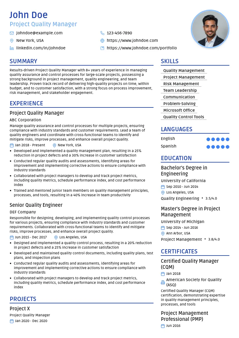 Project Quality Manager resume example