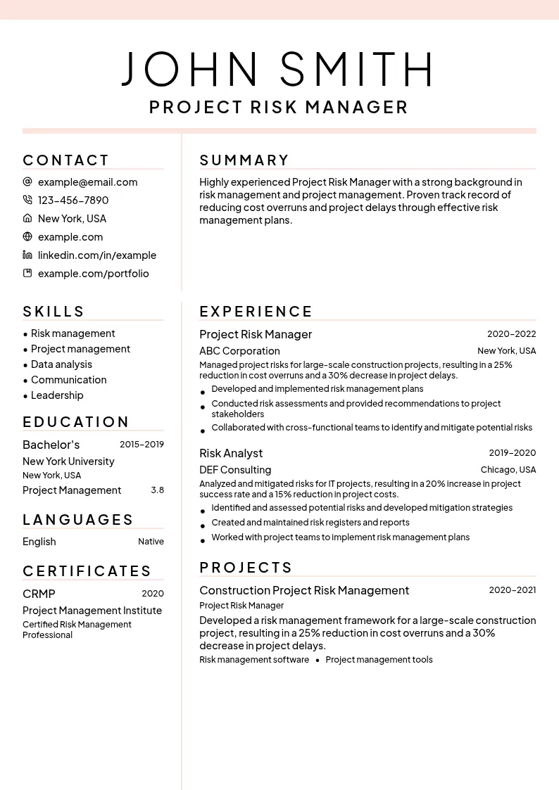 Project Risk Manager resume example