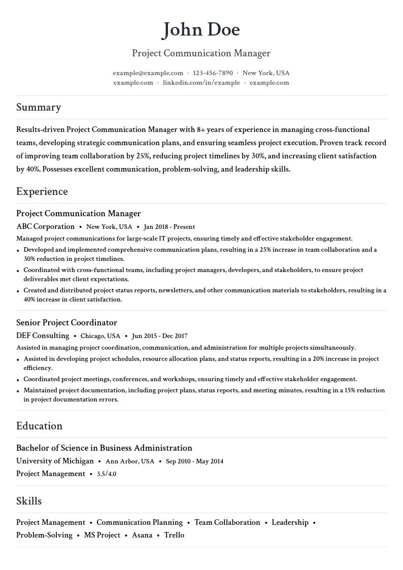 Project Communication Manager resume example