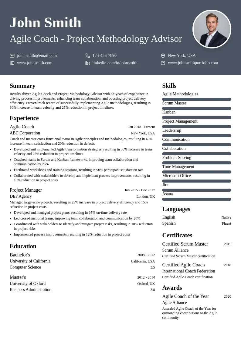 Agile Coach - Project Methodology Advisor resume example