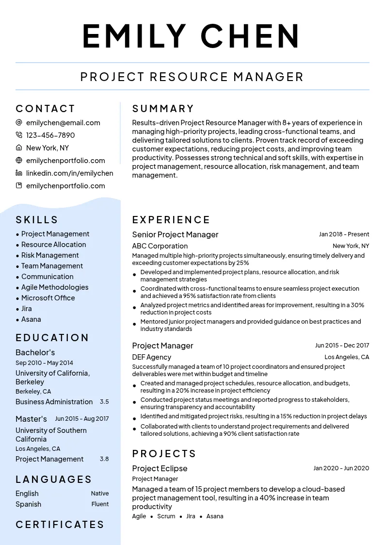 Project Resource Manager resume example