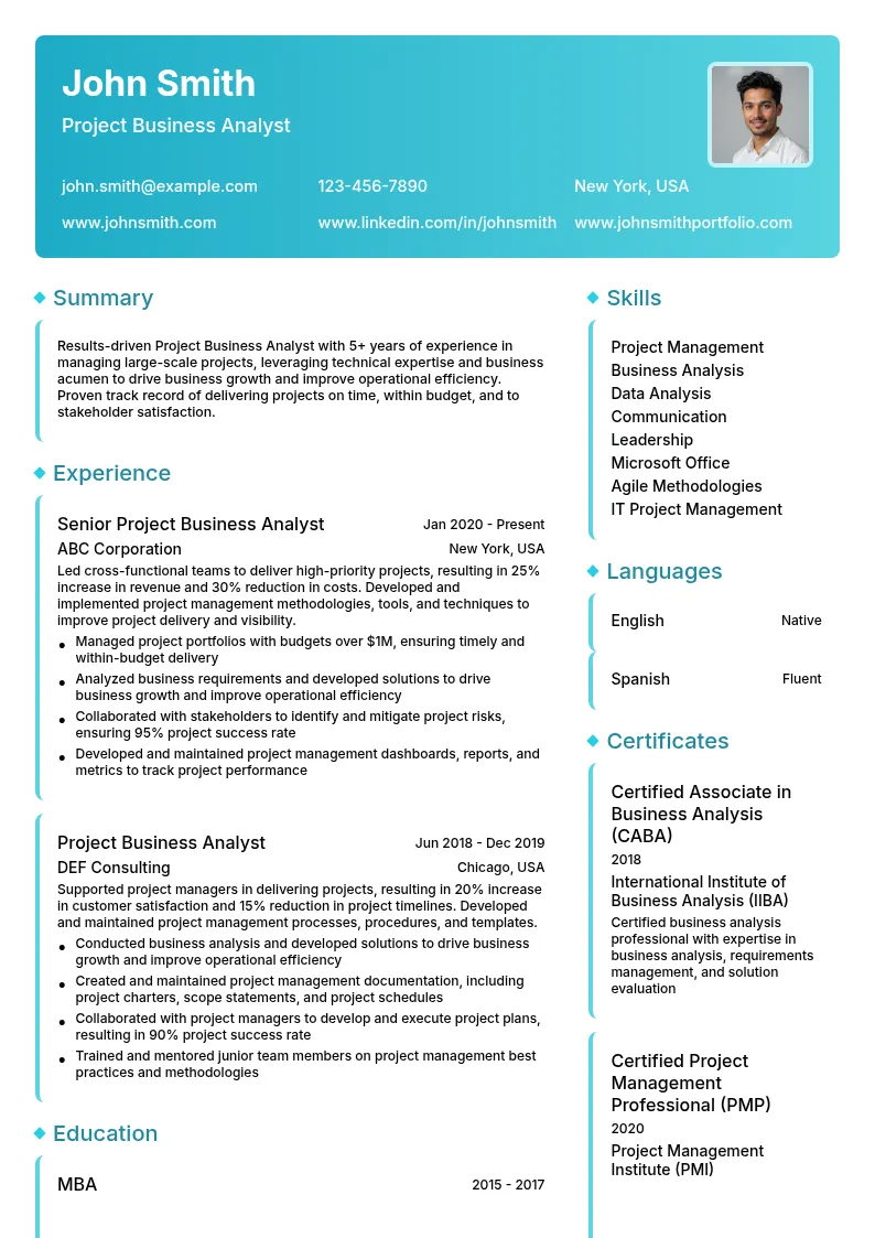 Project Business Analyst resume example
