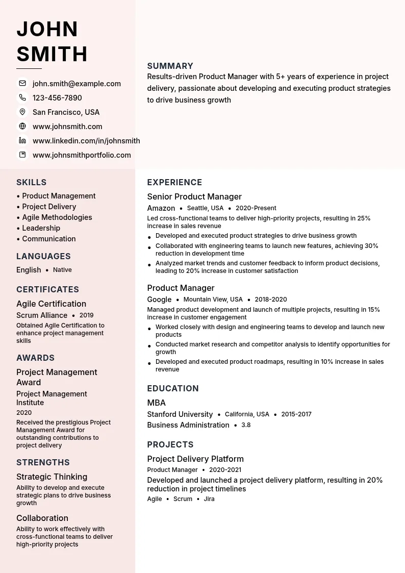 Product Manager - Project Delivery resume example