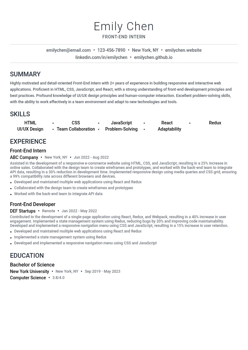 Front-End Intern resume example