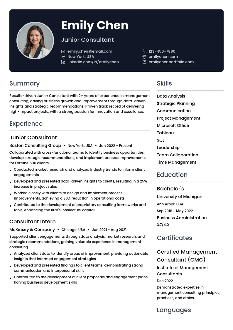Junior Consultant (0-3 years) resume example