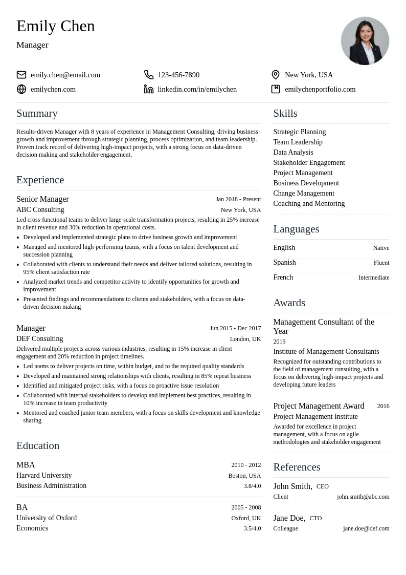 Manager (6-10 years) resume example