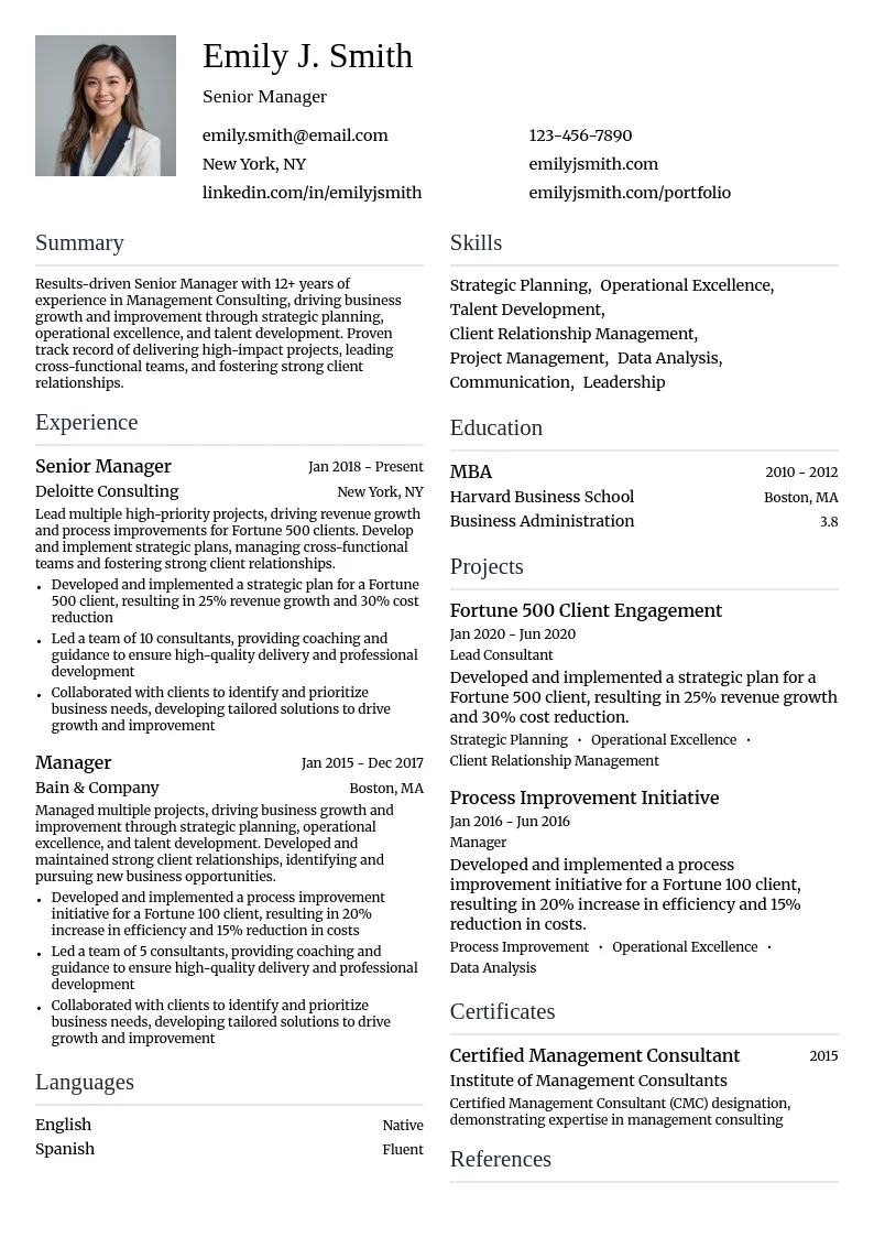 Senior Manager (10-15 years) resume example