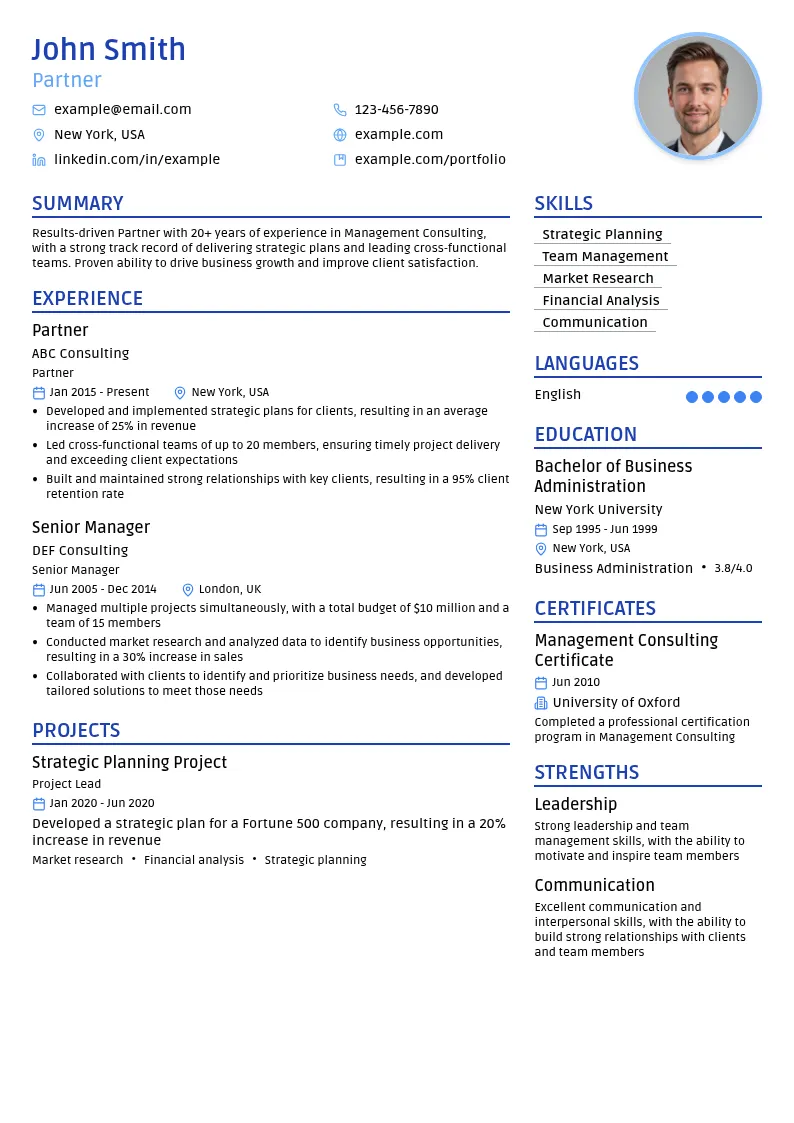 Partner (20+ years) resume example