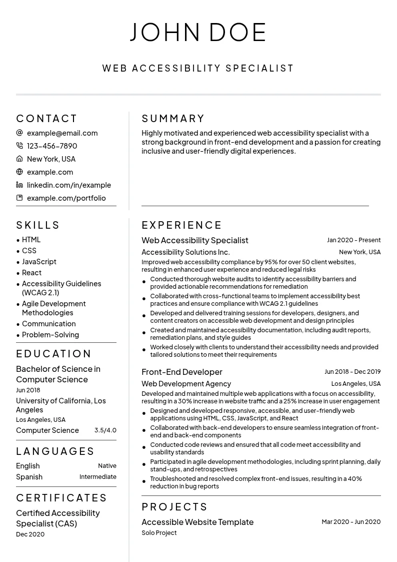 Web Accessibility Specialist resume example