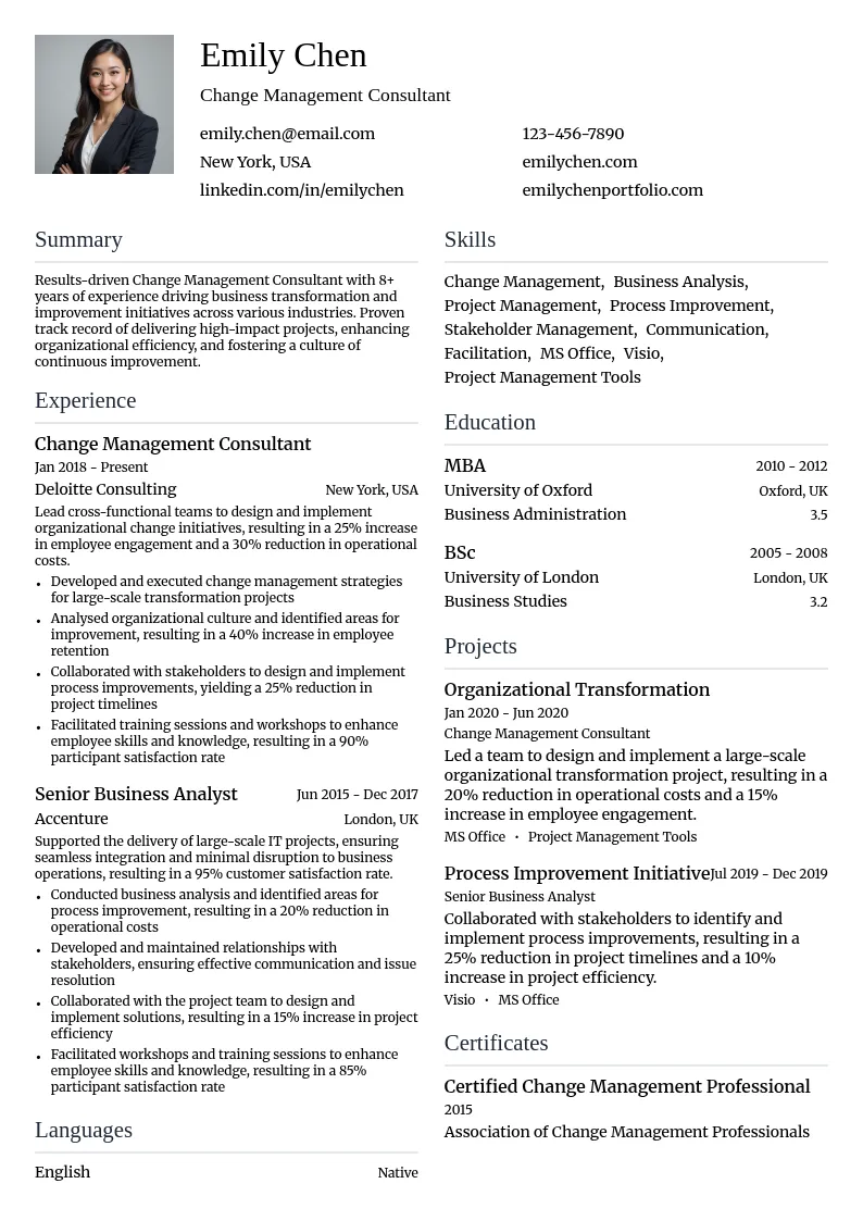 Change Management Consultant resume example