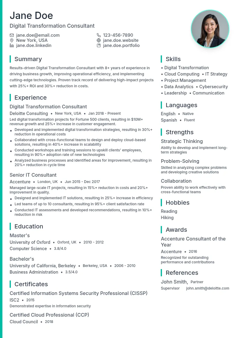 Digital Transformation Consultant resume example