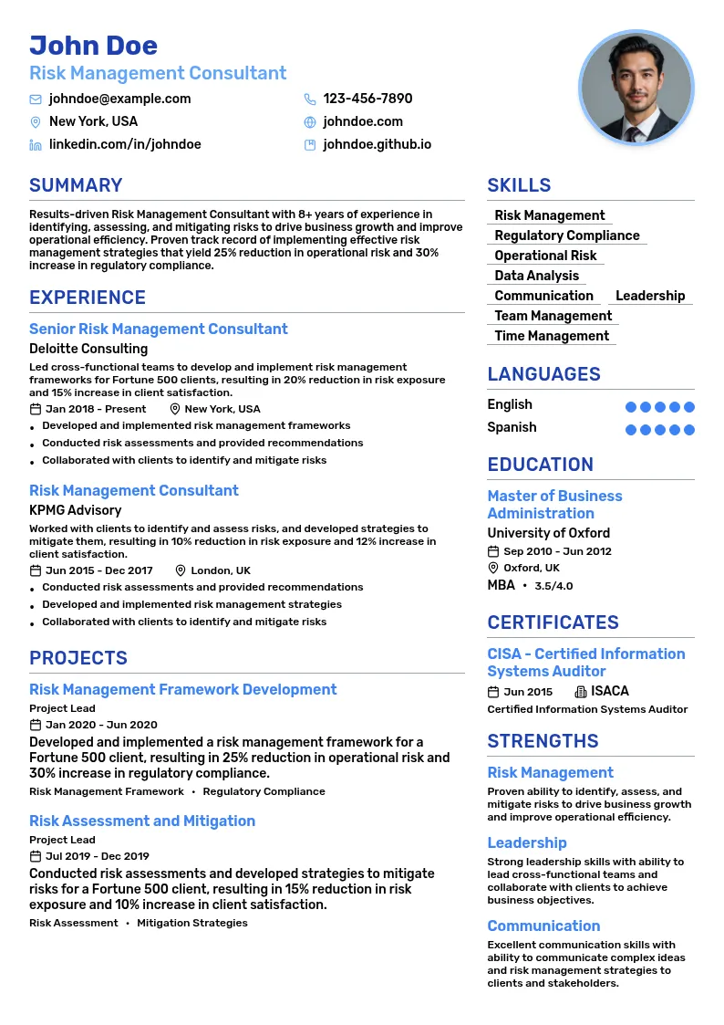 Risk Management Consultant resume example