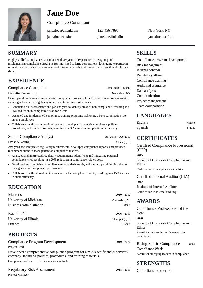 Compliance Consultant resume example