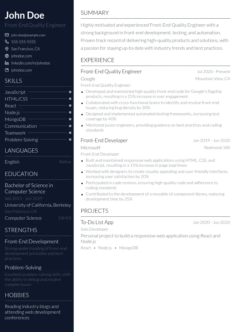 Front-End Quality Engineer resume example