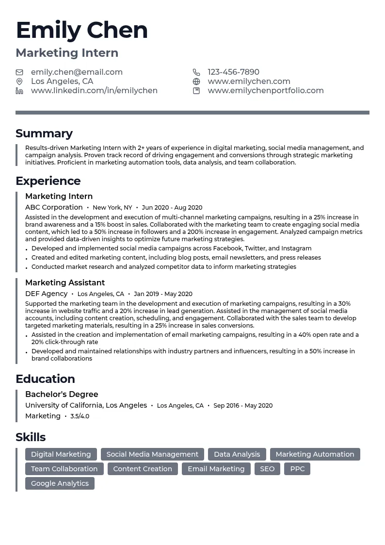 Marketing Intern resume example