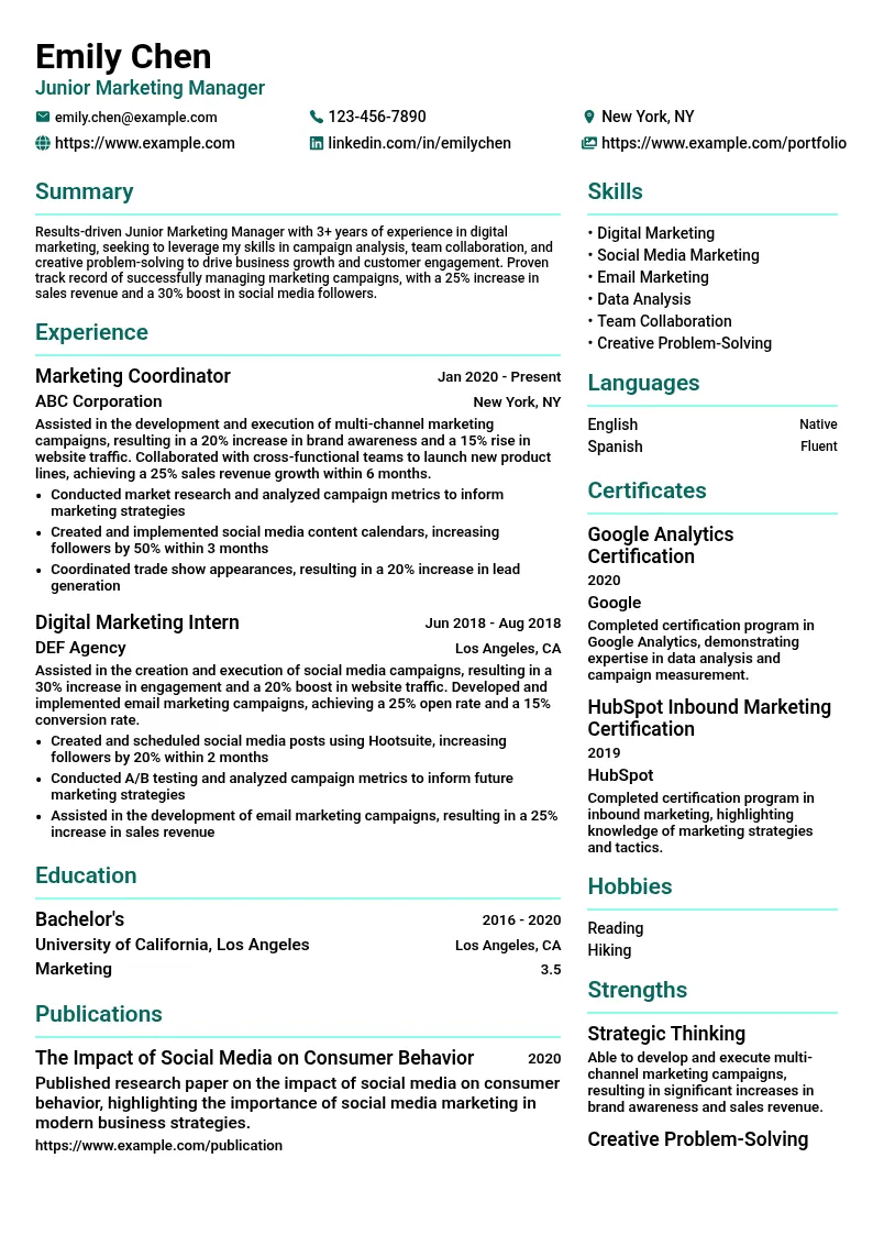 Junior Marketing Manager resume example