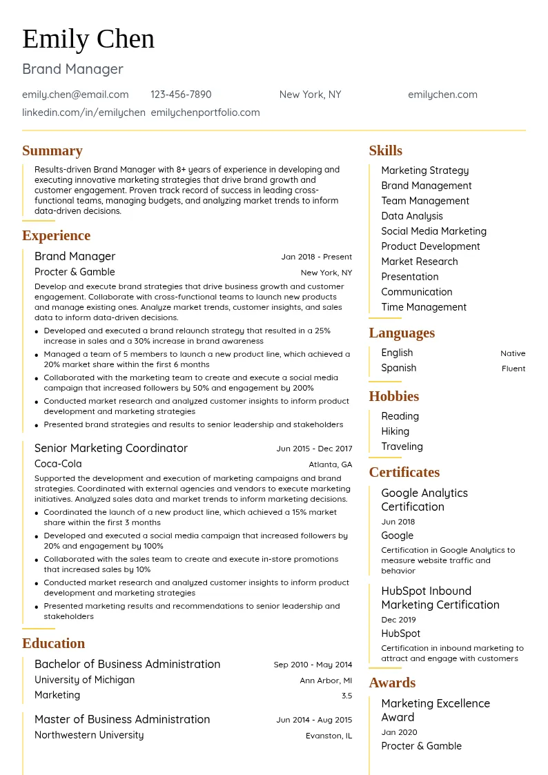 Brand Manager resume example