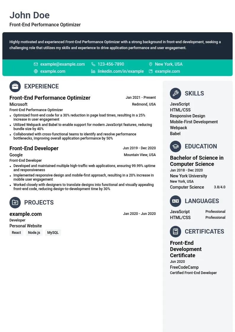 Front-End Performance Optimizer resume example