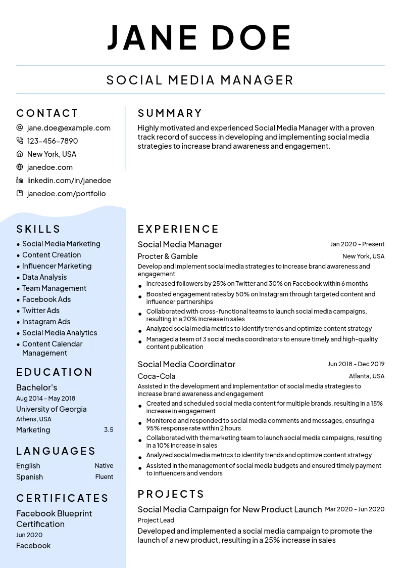 Social Media Manager resume example
