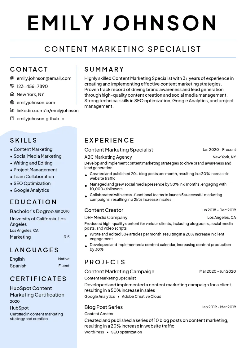 Content Marketing Specialist resume example