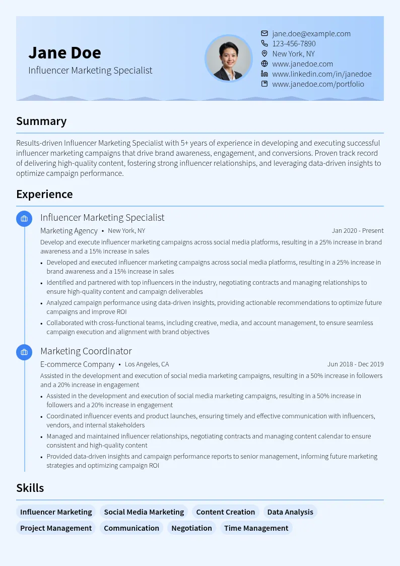 Influencer Marketing Specialist resume example