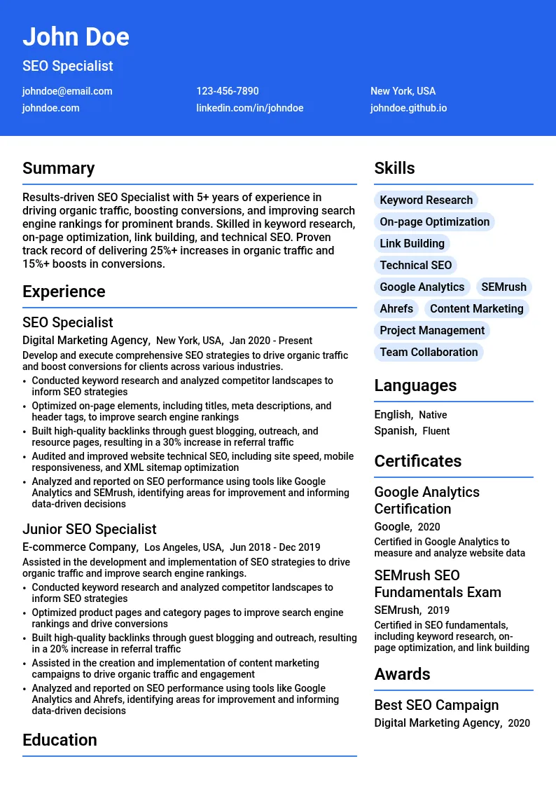 SEO Specialist resume example