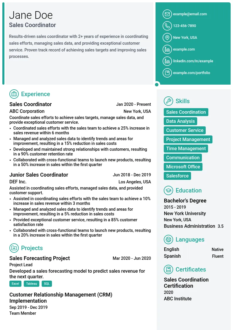 Sales Coordinator resume example