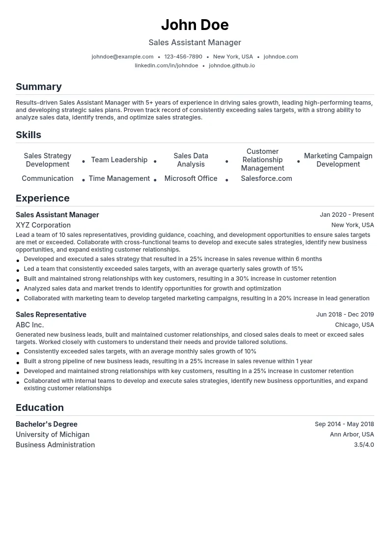 Sales Assistant Manager resume example