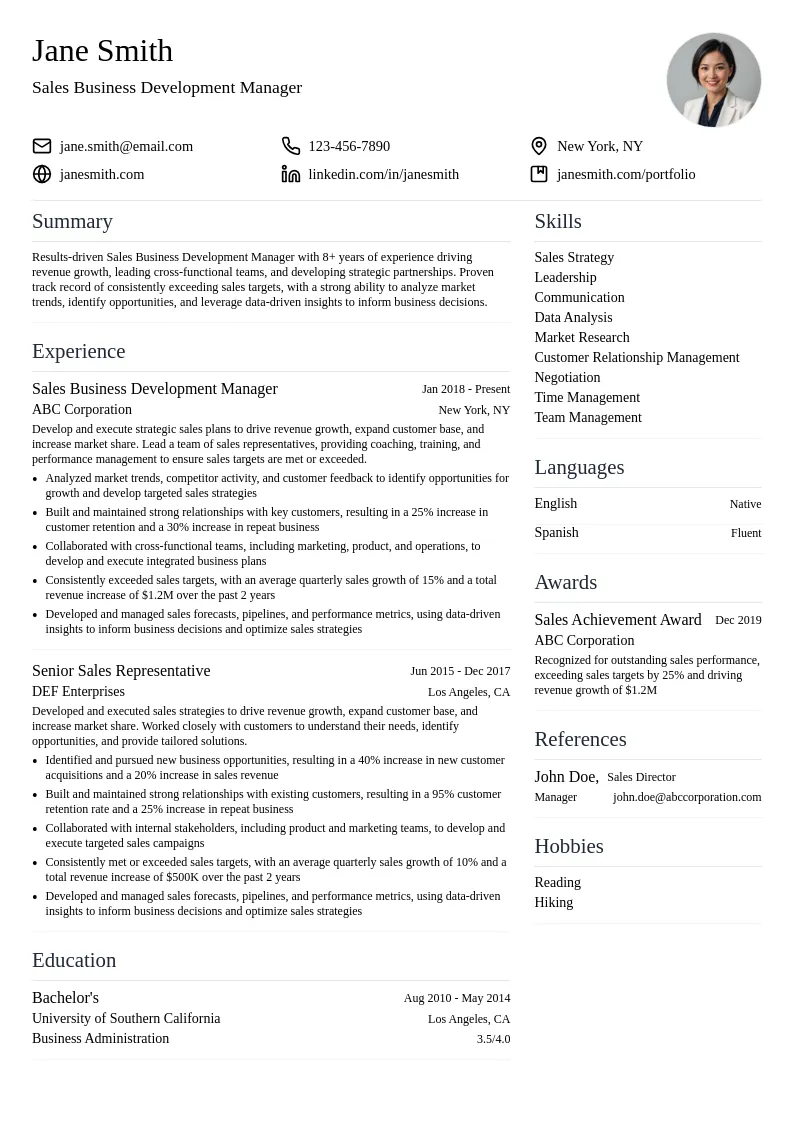 Sales Business Development Manager resume example