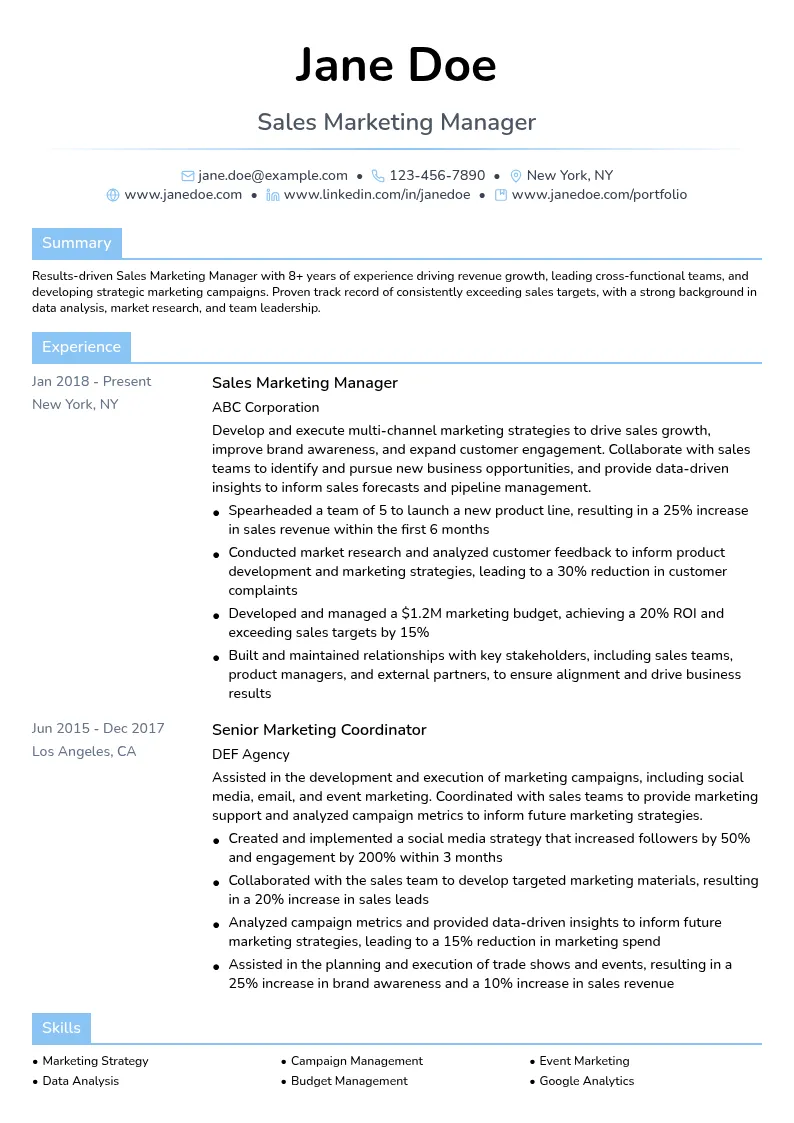 Sales Marketing Manager resume example