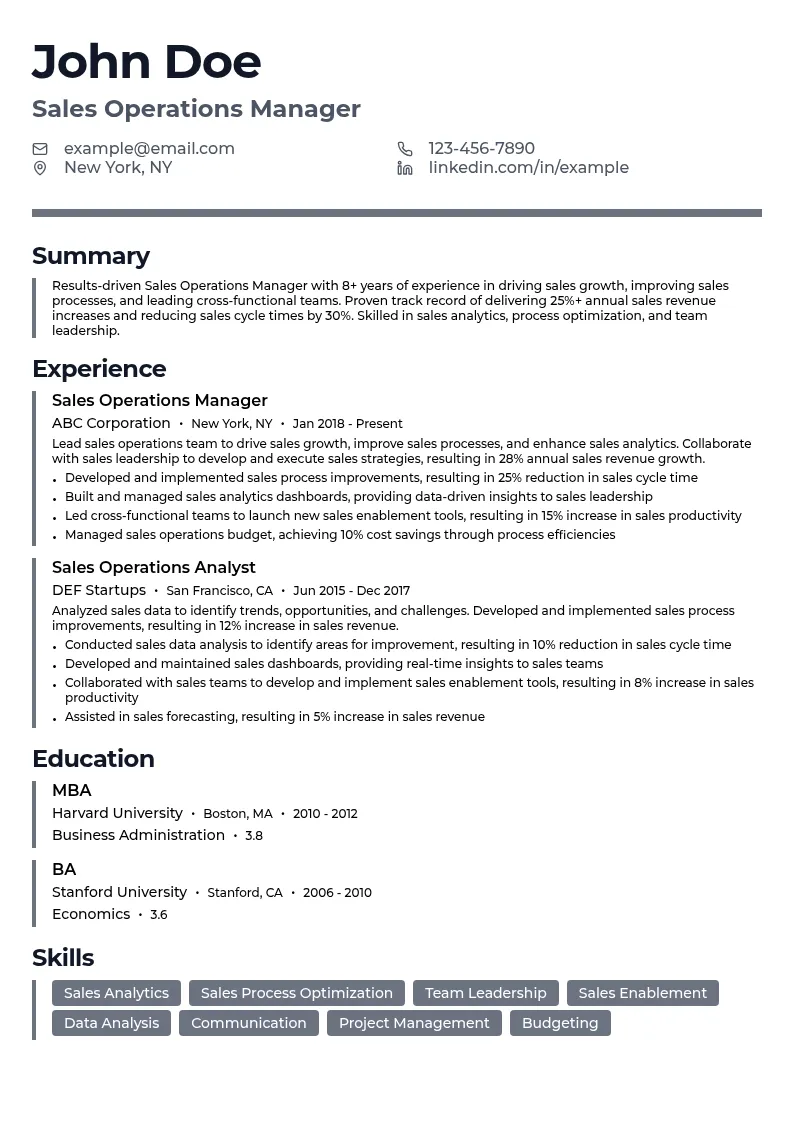 Sales Operations Manager resume example