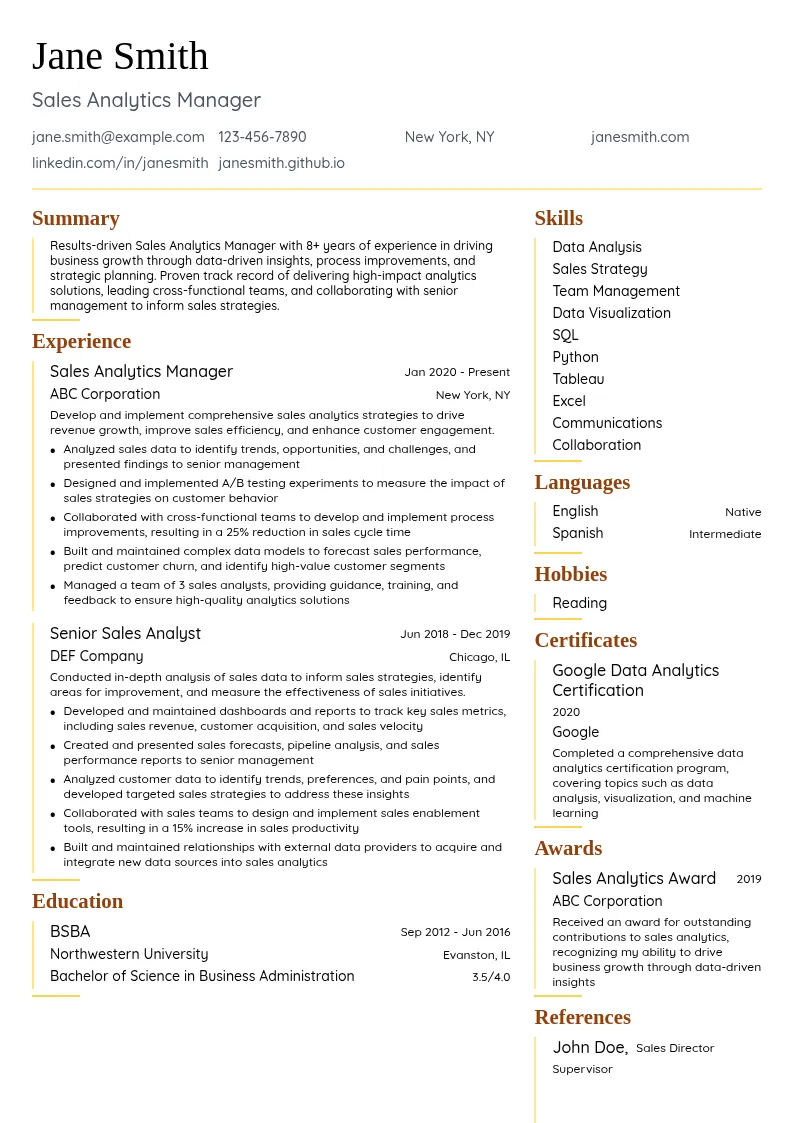 Sales Analytics Manager resume example