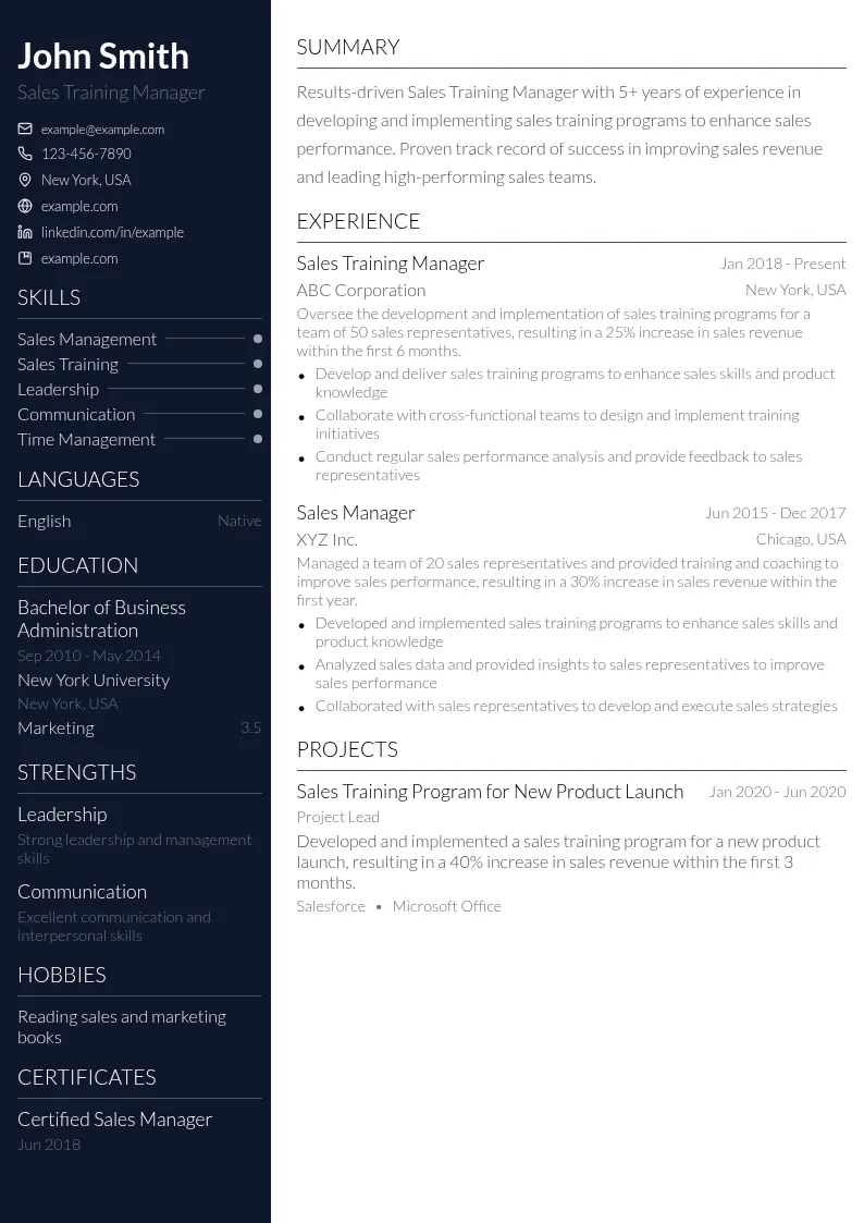 Sales Training Manager resume example